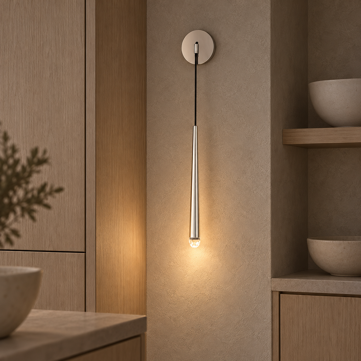 Nerisavo silver wall sconce lit on a dining room wall in soft daylight #color_silver