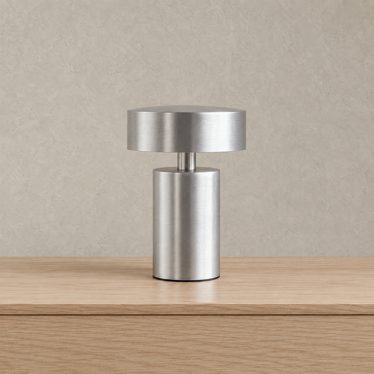 Nesarlo silver rechargeable table lamp shown unlit with its mushroom shape