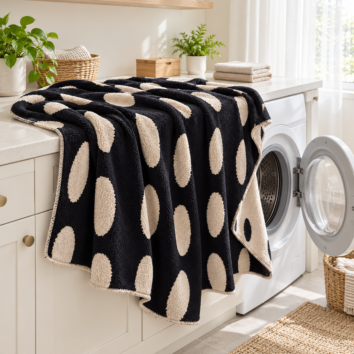Nesavori black and white fleece throw blanket beside an open washing machine, ready for a machine wash