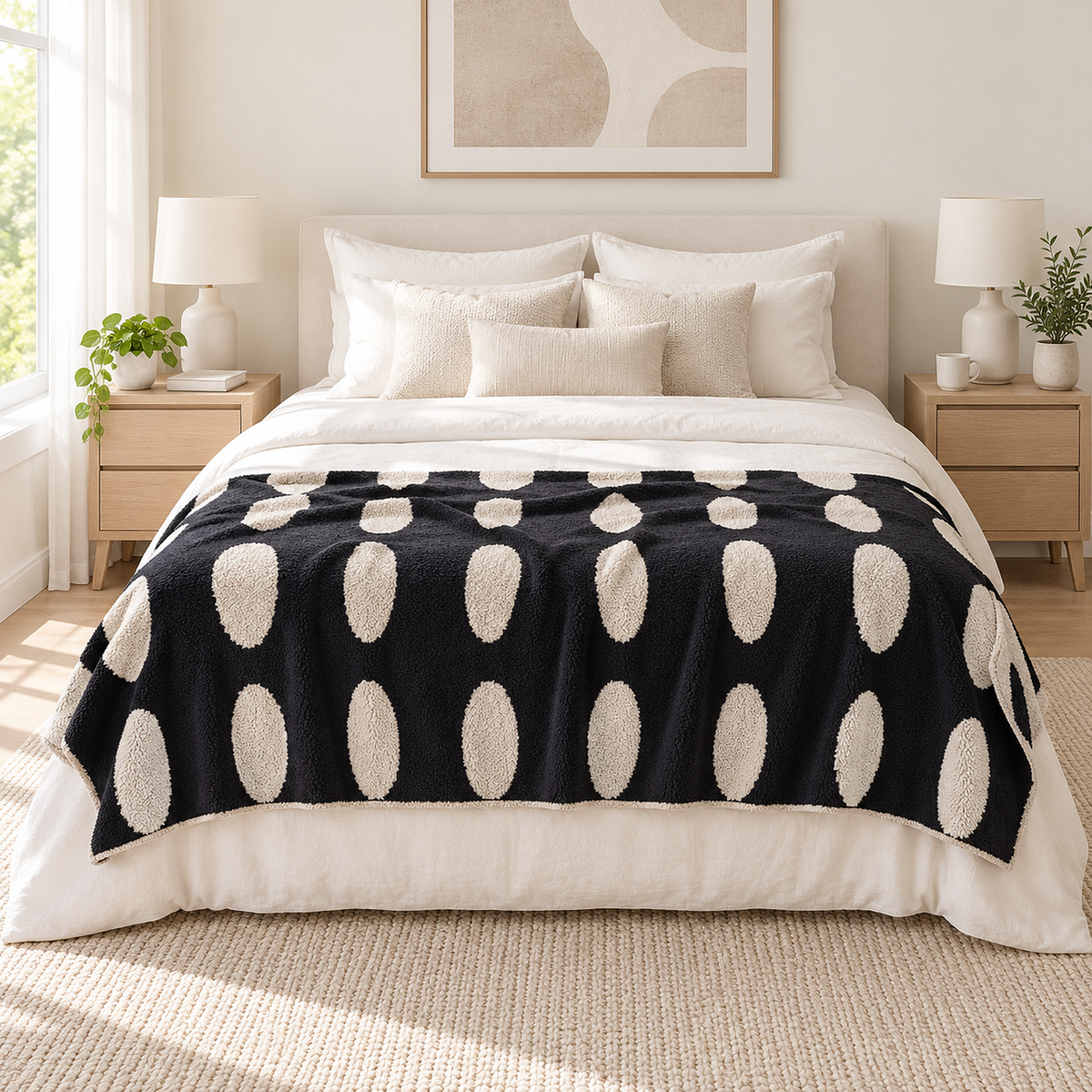 Nesavori black and white plush throw blanket spread open across the foot of a bed in a bedroom