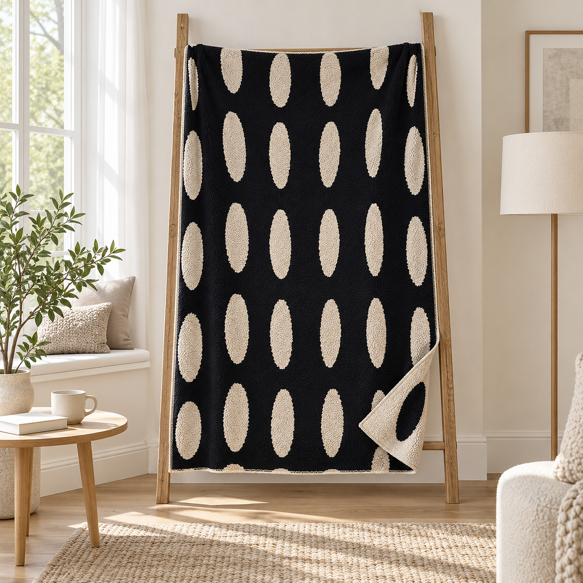 Nesavori dark cream reversible throw blanket turned back to reveal its reverse side in a bright hallway nook