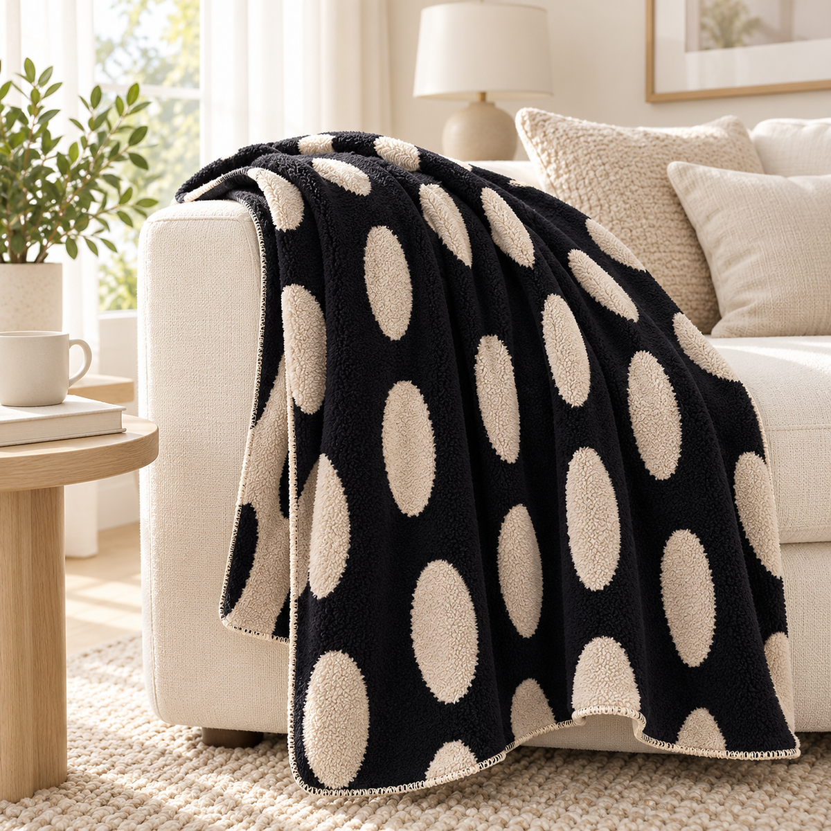 Nesavori black and white throw blanket for couch draped over an ivory sofa arm in a sitting room