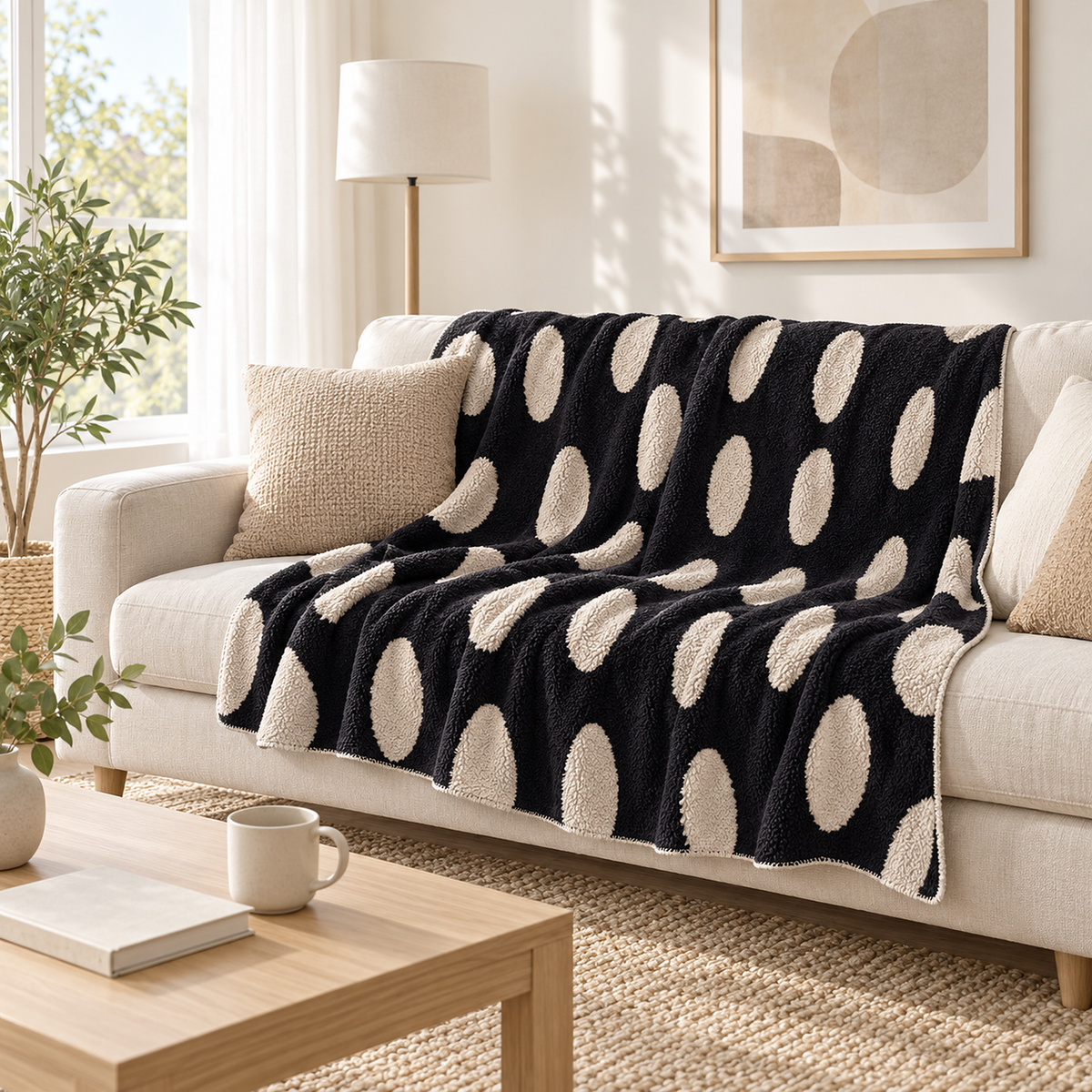 Nesavori dark cream throw blanket for couch spread across sofa cushions in a bright living room