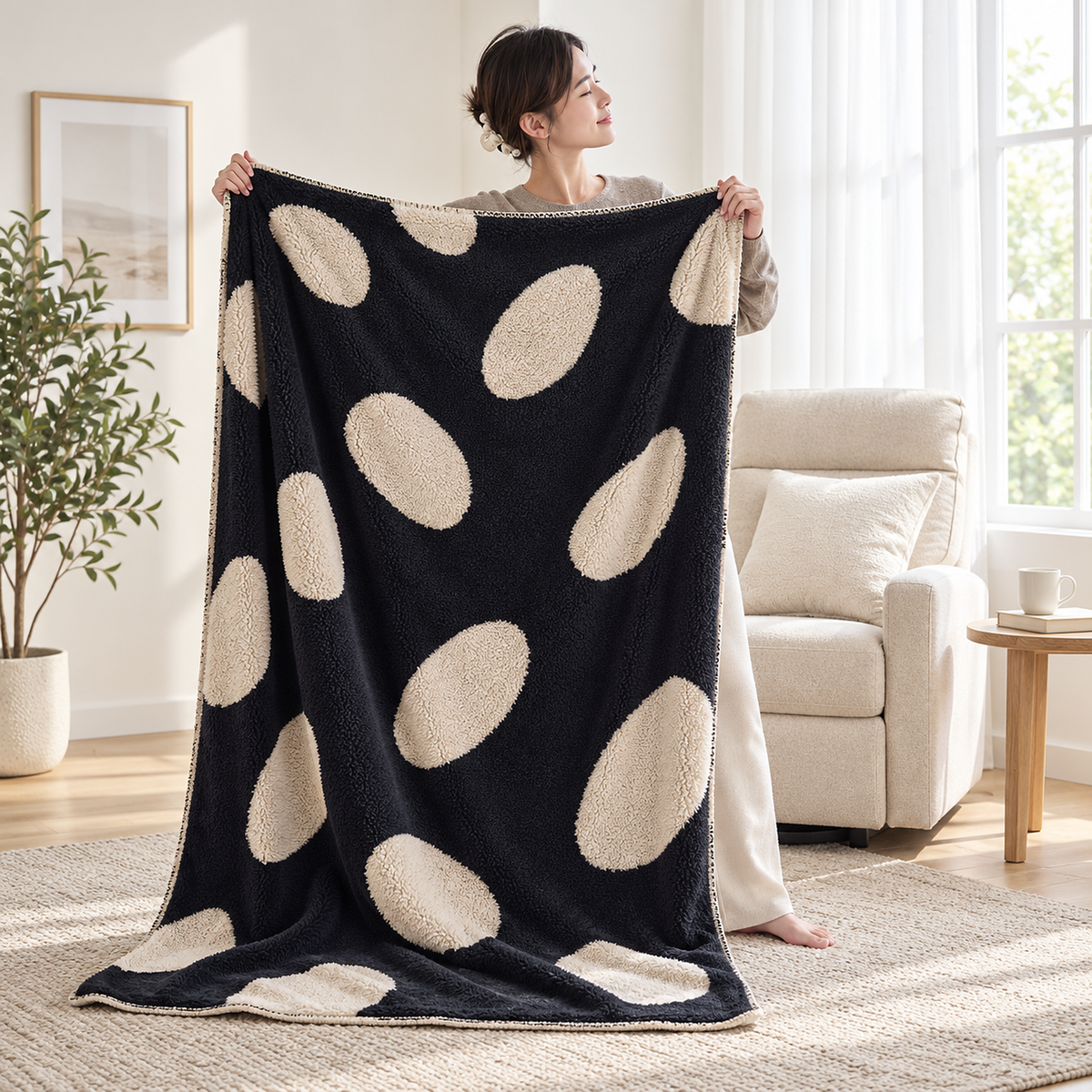 Nesavori black and white throw blanket held upright beside a standing adult in a sunroom