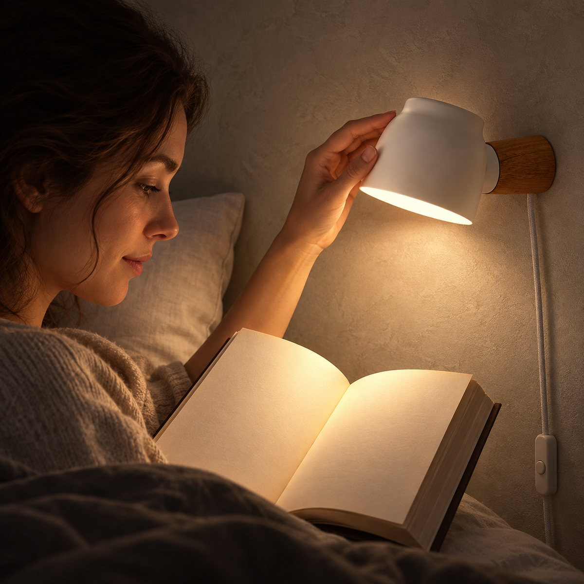 Netirama white bedside wall light aimed at bedtime pages in a guest sleeping nook at night