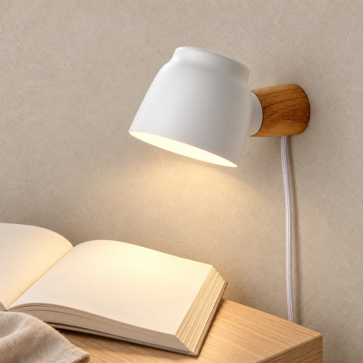 Netirama white bedside wall light switched on over an open book in a guest sleeping nook