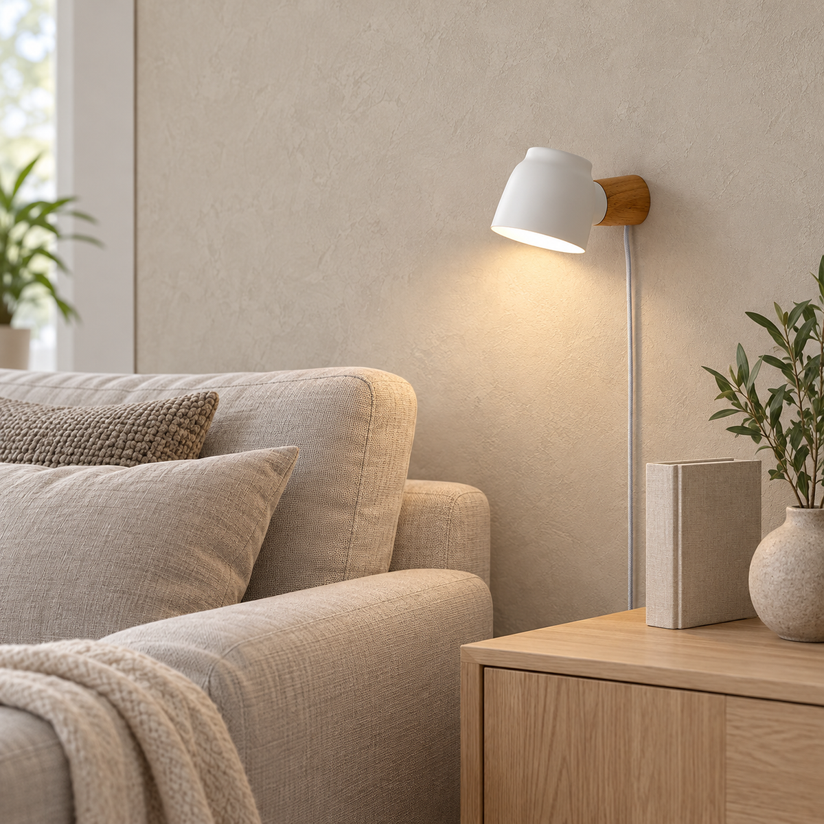 Netirama white wall lamp lit in a living room, painted iron shade against solid wood