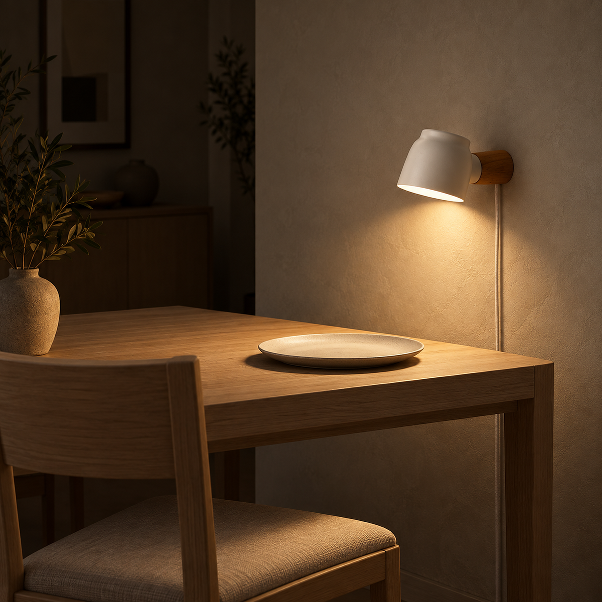 Netirama white wall light casting light down plaster beside a dining table at night