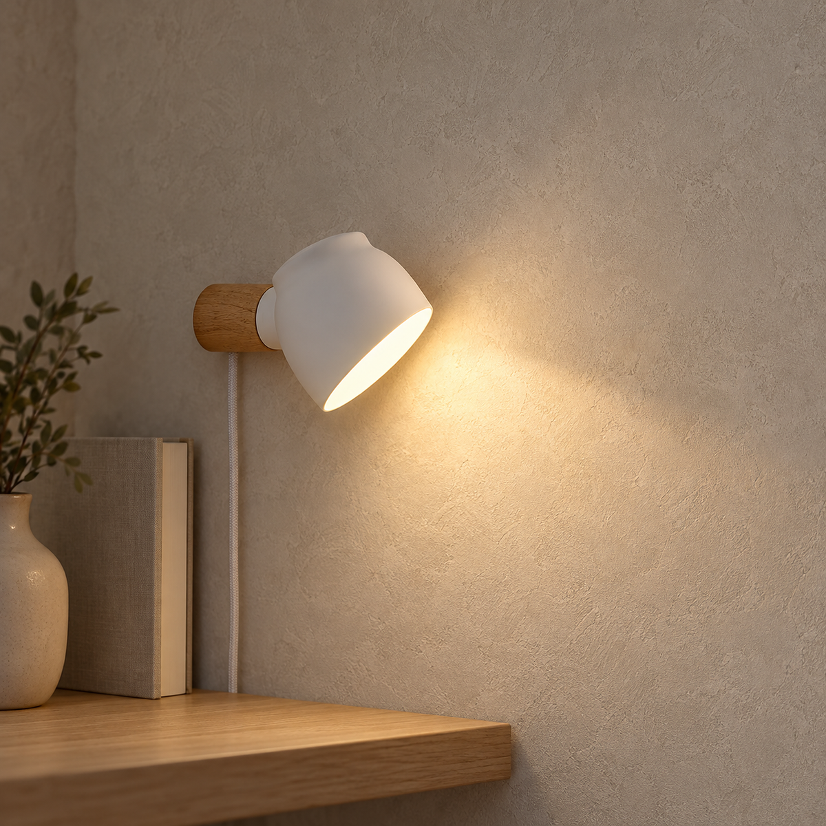 Netirama white wall sconce on a stair landing with its head turned to aim light sideways