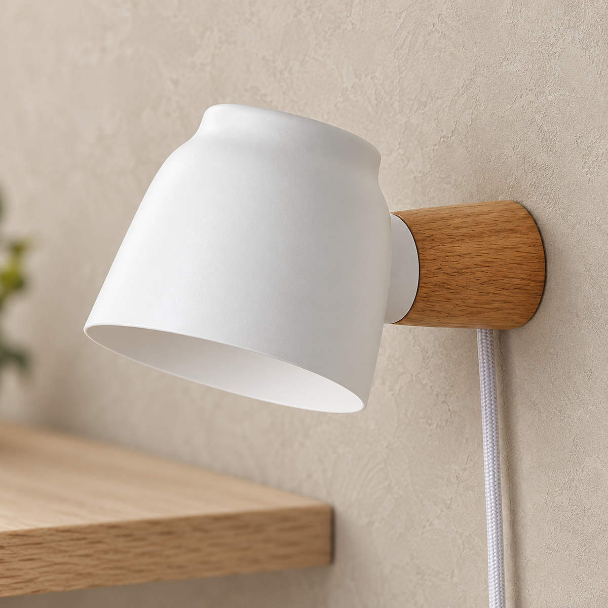 Netirama white wall sconce shade in close up beside natural wood grain in a dressing room