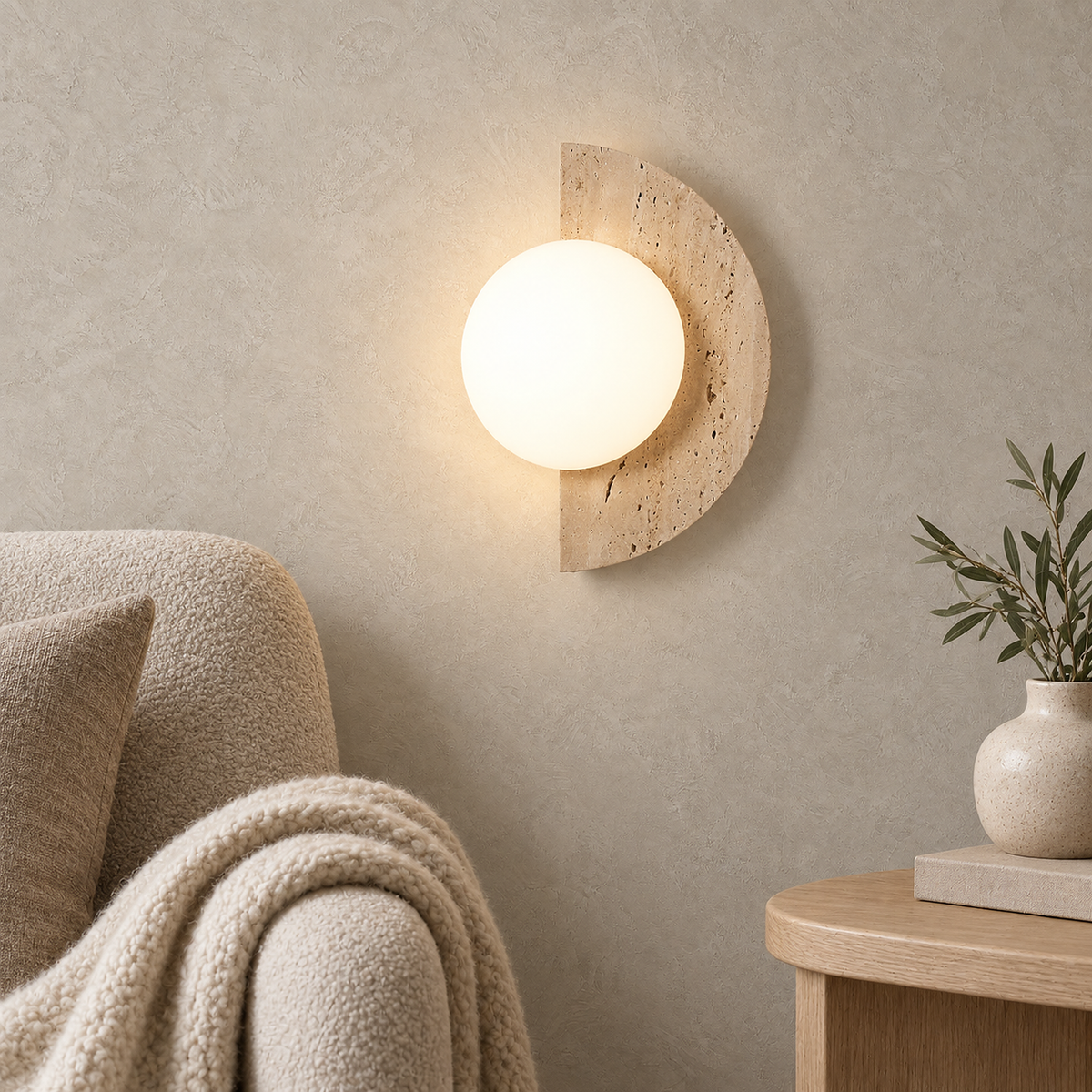 Nevaline beige and white wall lamp lit beside a library armchair in daylight