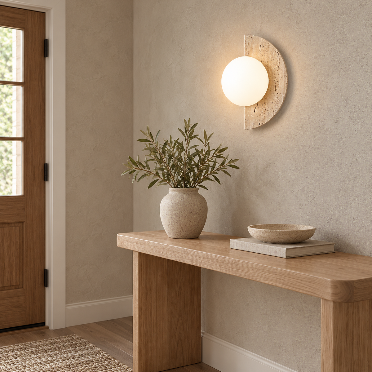 Nevaline beige and white wall lamp seen from the side showing its travertine edge