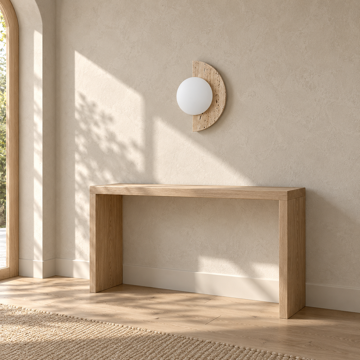 Nevaline beige and white wall lamp switched off on a sunlit entryway wall