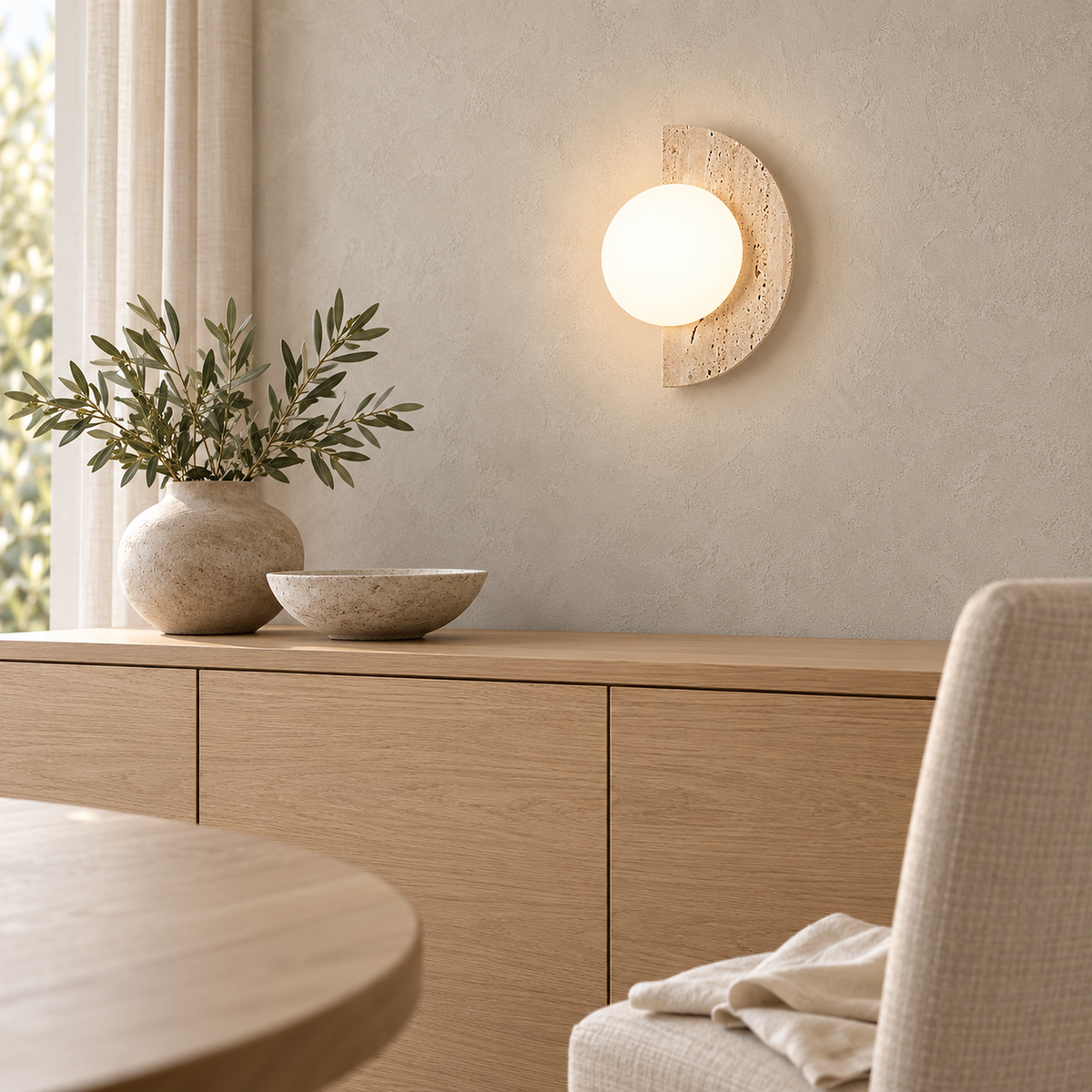 Nevaline beige and white wall light lit above a dining room sideboard in daylight