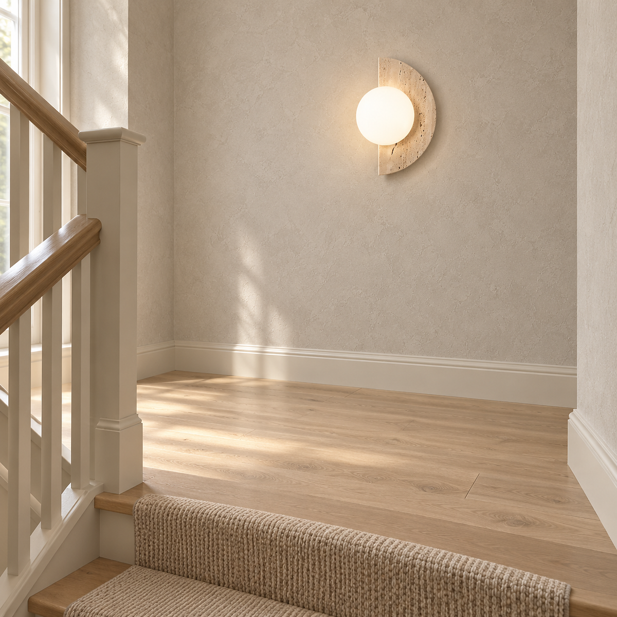 Nevaline beige and white wall sconce mounted on a clear stair landing wall
