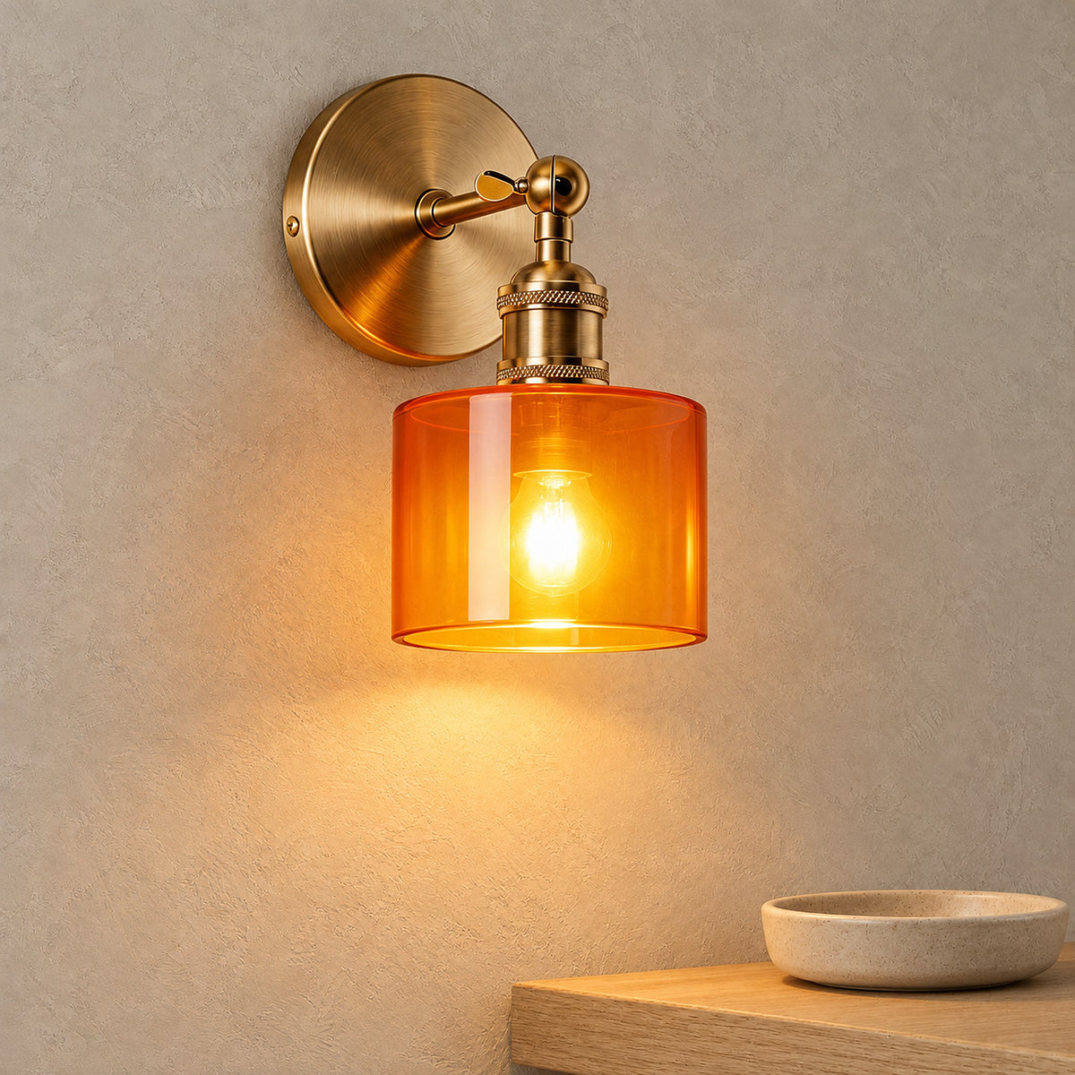 Nevalto orange wall lamp glowing above a hallway shelf in daylight, light falling down the wall