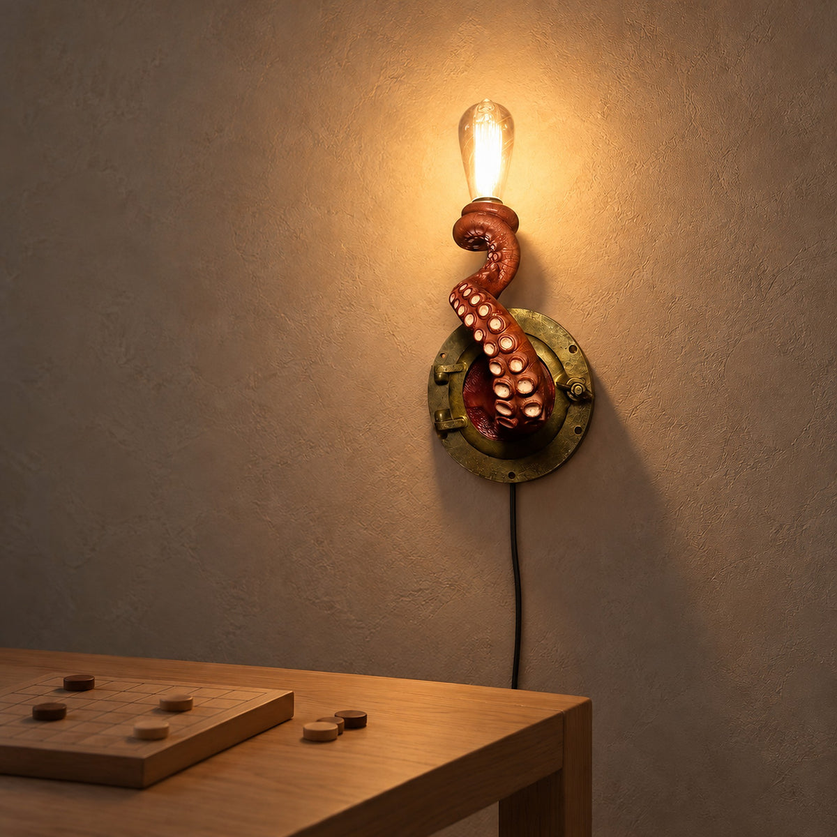 Nevilmo green wall sconce, a resin octopus tentacle lit above a game table #color_green