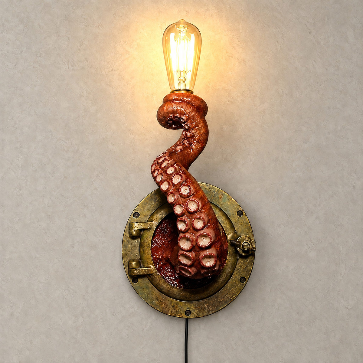 Nevilmo red plug in wall lamp illuminated against warm greige plaster