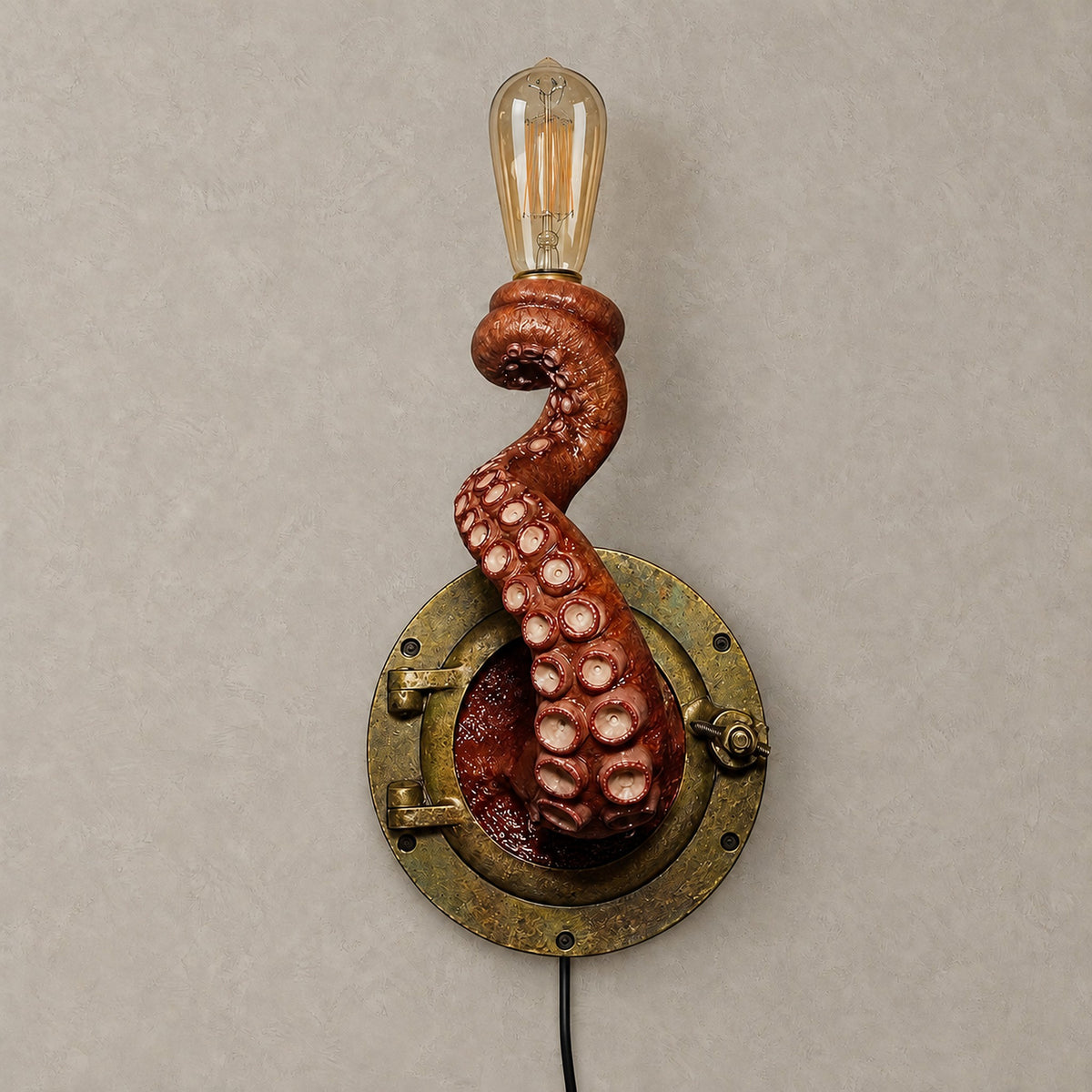 Nevilmo red plug in wall light shaped as a resin octopus tentacle, shown unlit
