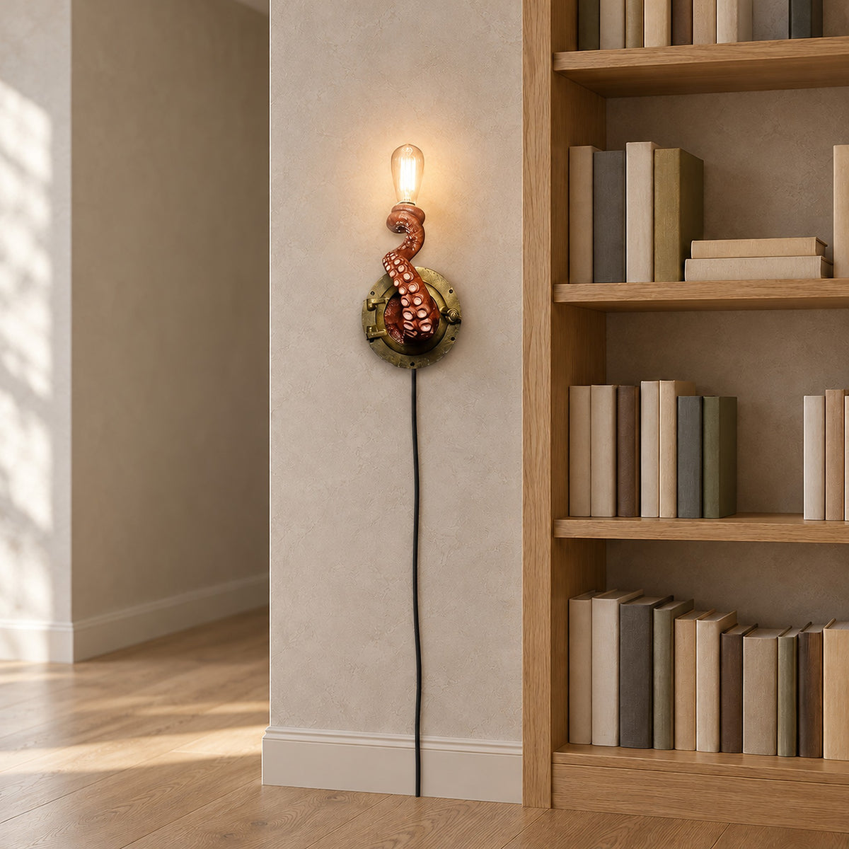 Nevilmo red wall light beside a bookshelf on a narrow plaster hallway wall