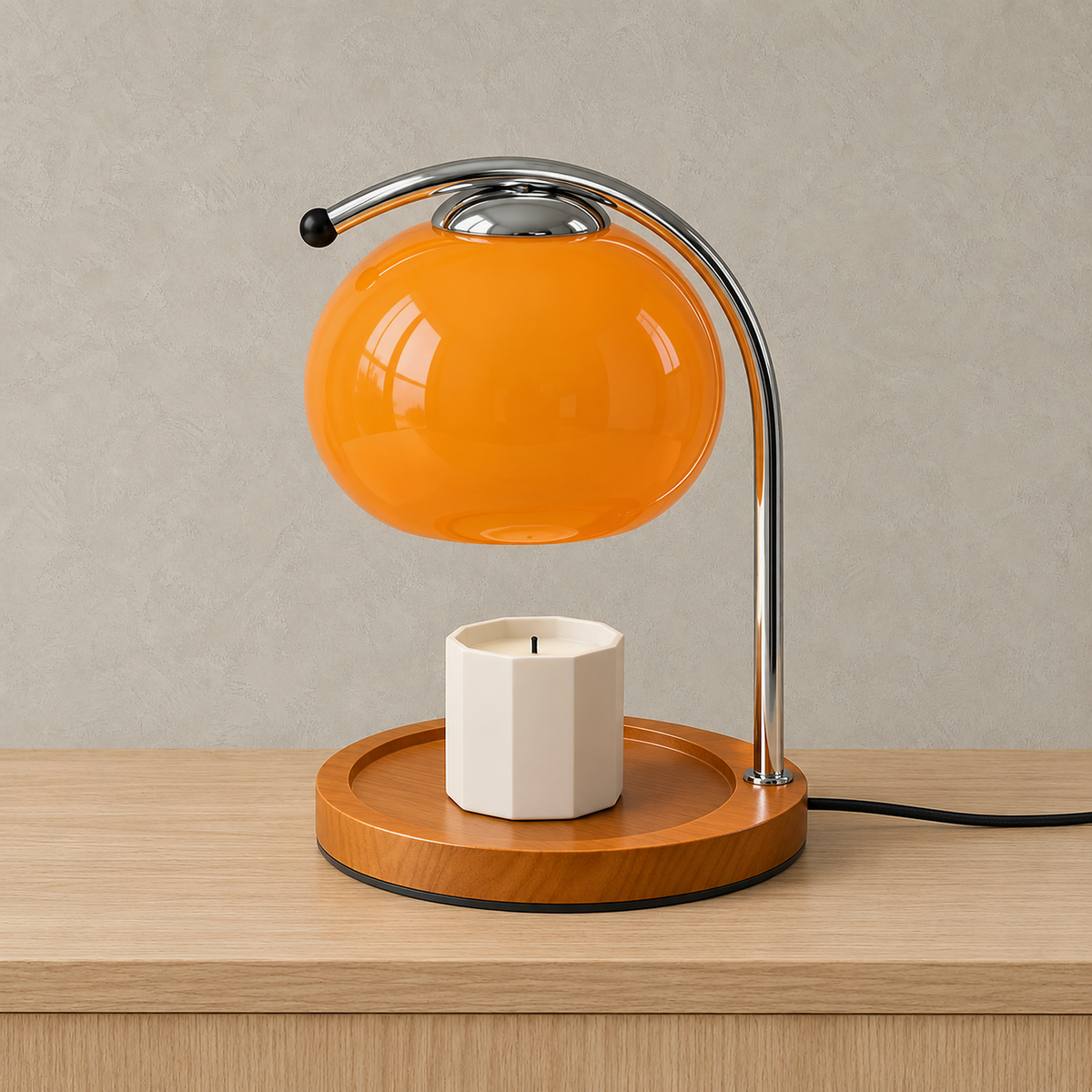 Nevorla orange candle warmer lamp with unlit glass shade, chrome arm and round solid wood tray base