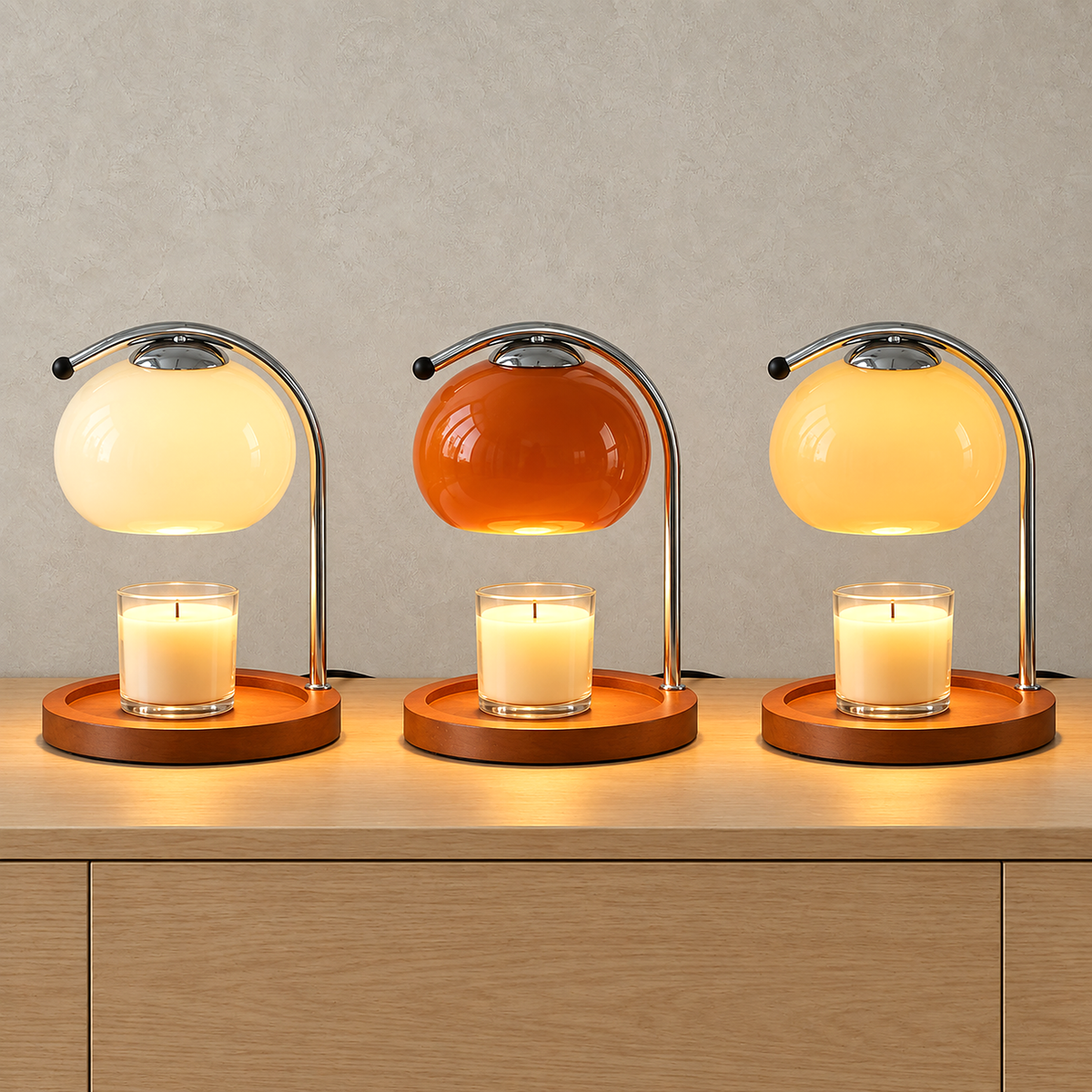 Nevorla orange, red and white candle warmer lamps glowing together, each on a solid wood tray base