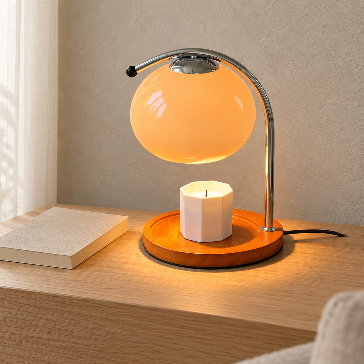 Nevorla orange table lamp glowing over an unlit candle on a pale console in a den