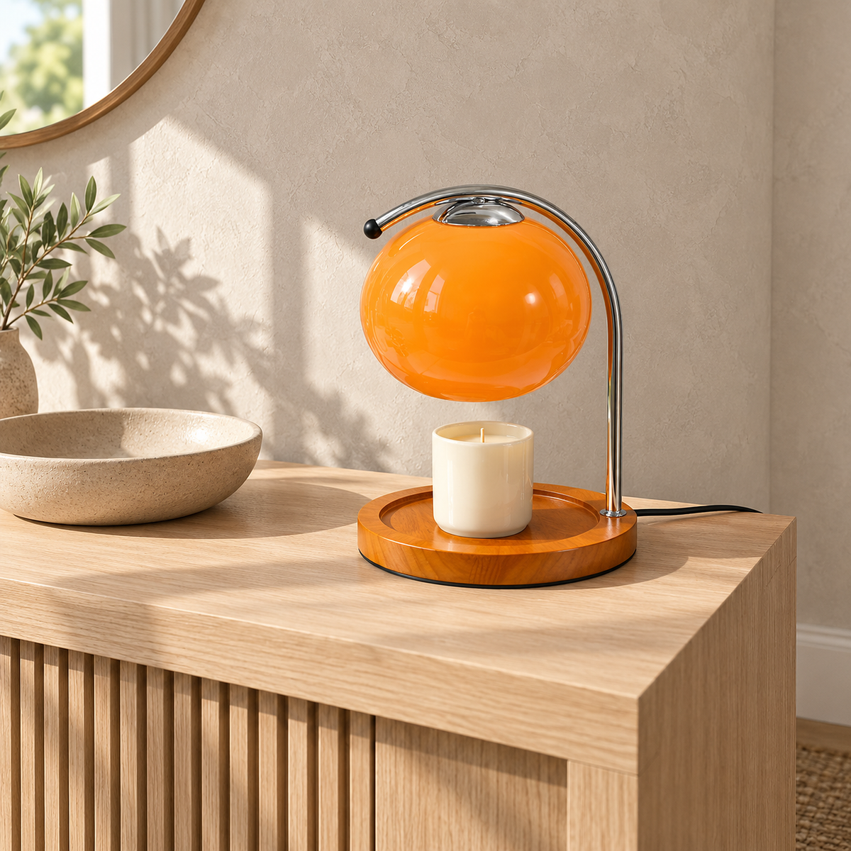 Nevorla orange table lamp resting unlit on an entryway console by day