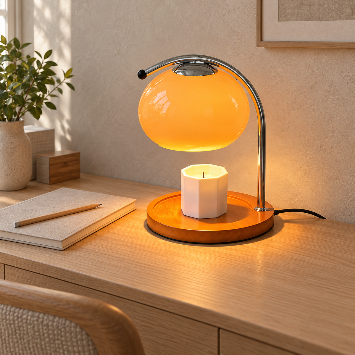 Nevorla orange table lamp warming a candle on a writing desk in a study by day
