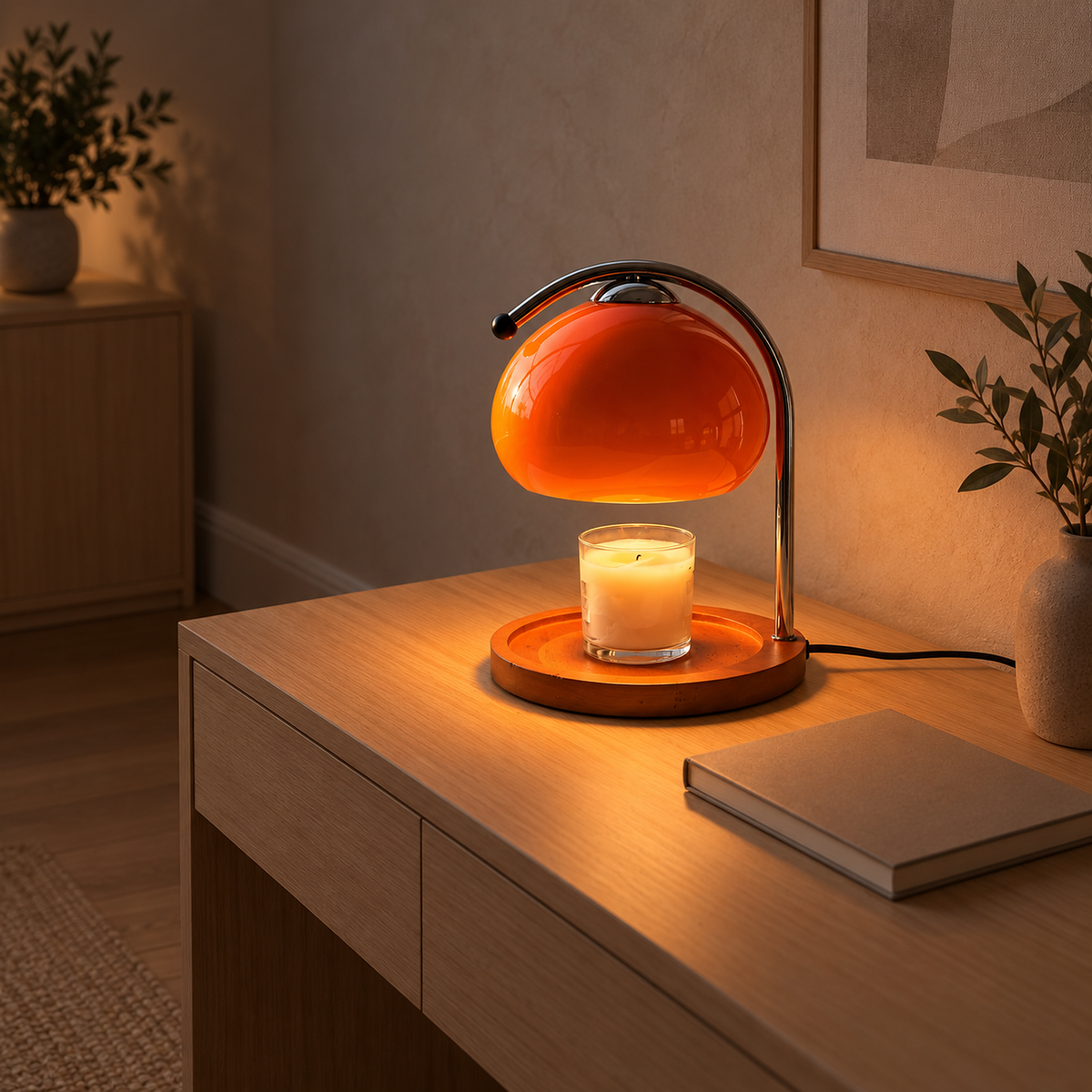 Nevorla red flameless candle warmer and table lamp glowing above melting wax in a study #color_red