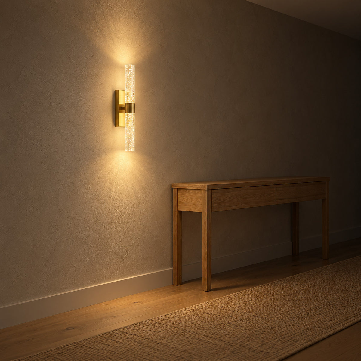 Nimarlo gold battery operated wall sconce lighting a dark hallway wall at night