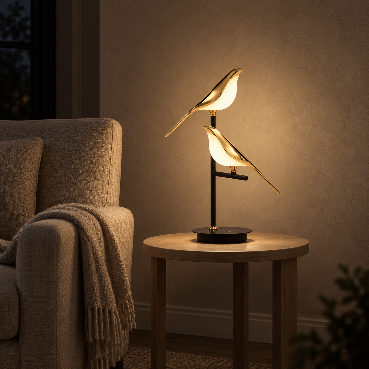Nirelta black and gold bedside lamp glowing on a library side table at night