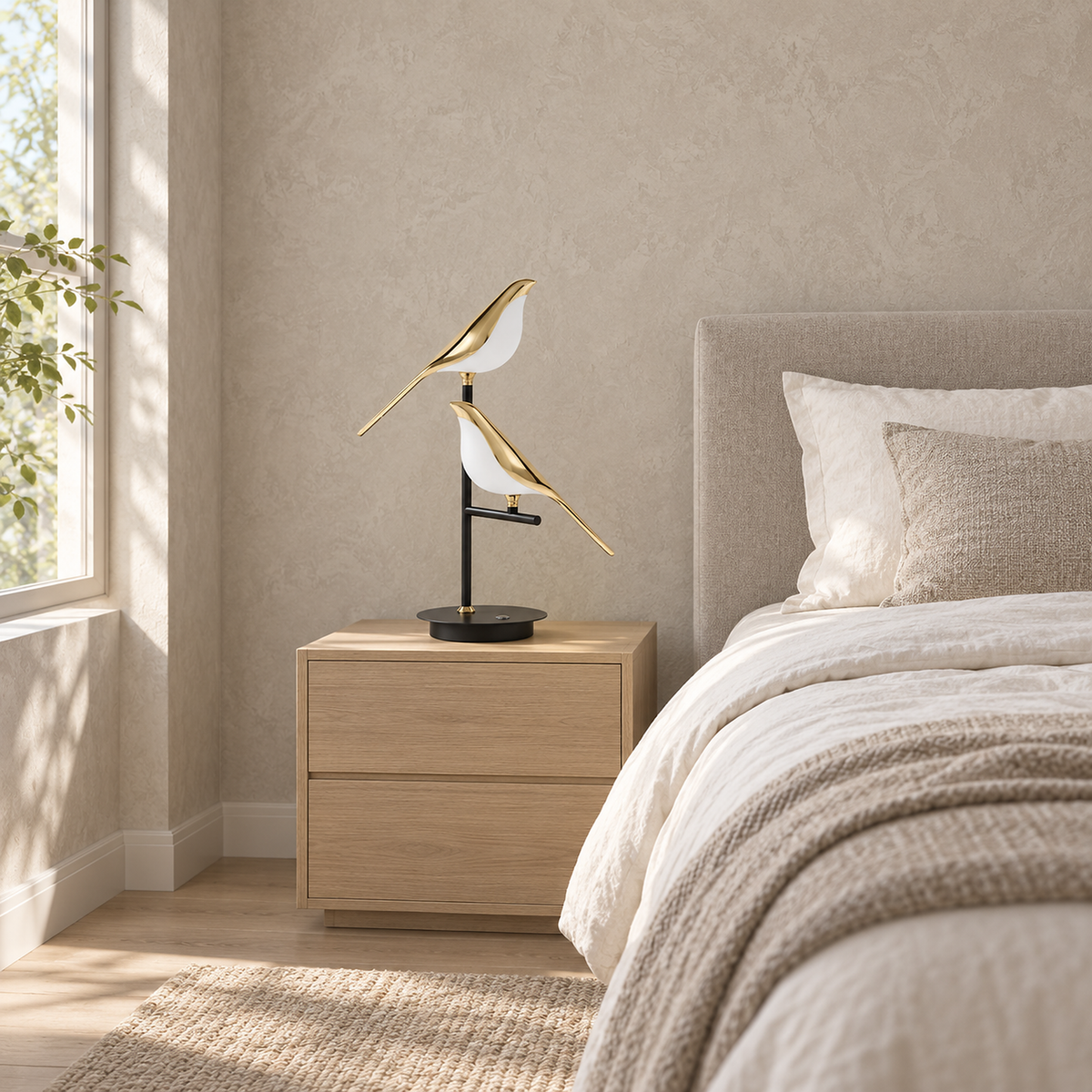 Nirelta black and gold bedside lamp standing unlit beside a made bed