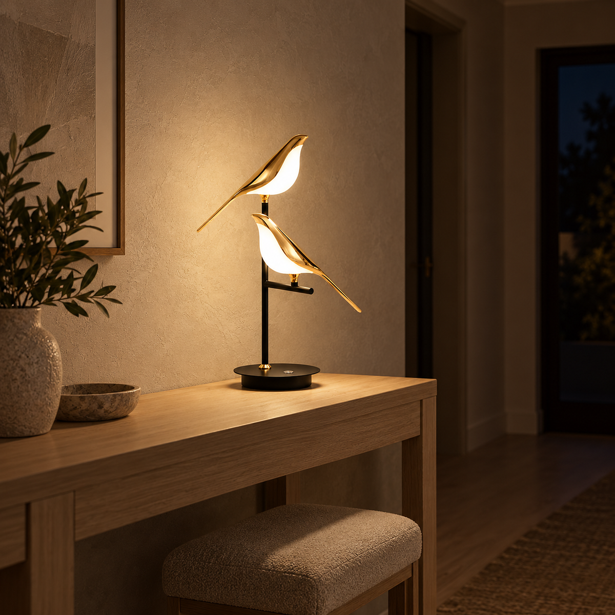 Nirelta black and gold two bird table lamp lighting a hallway after dark
