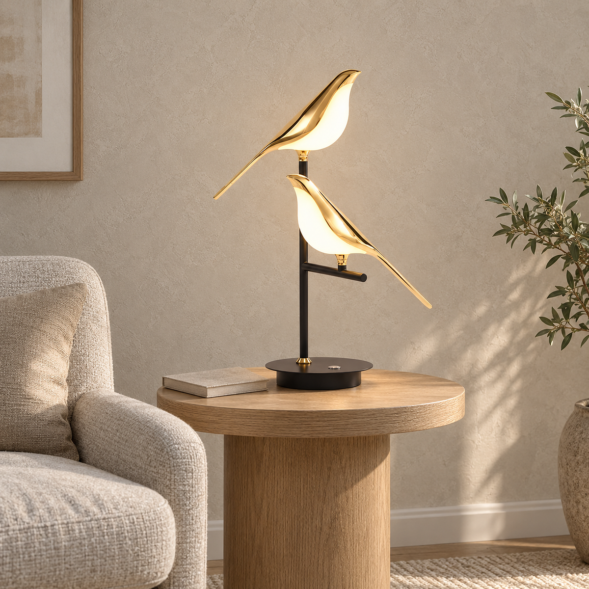 Nirelta black and gold table lamp, close view of the glowing white bird bodies in a library