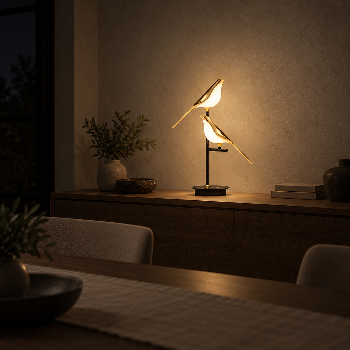 Nirelta black and gold table lamp illuminating a dining room sideboard at night