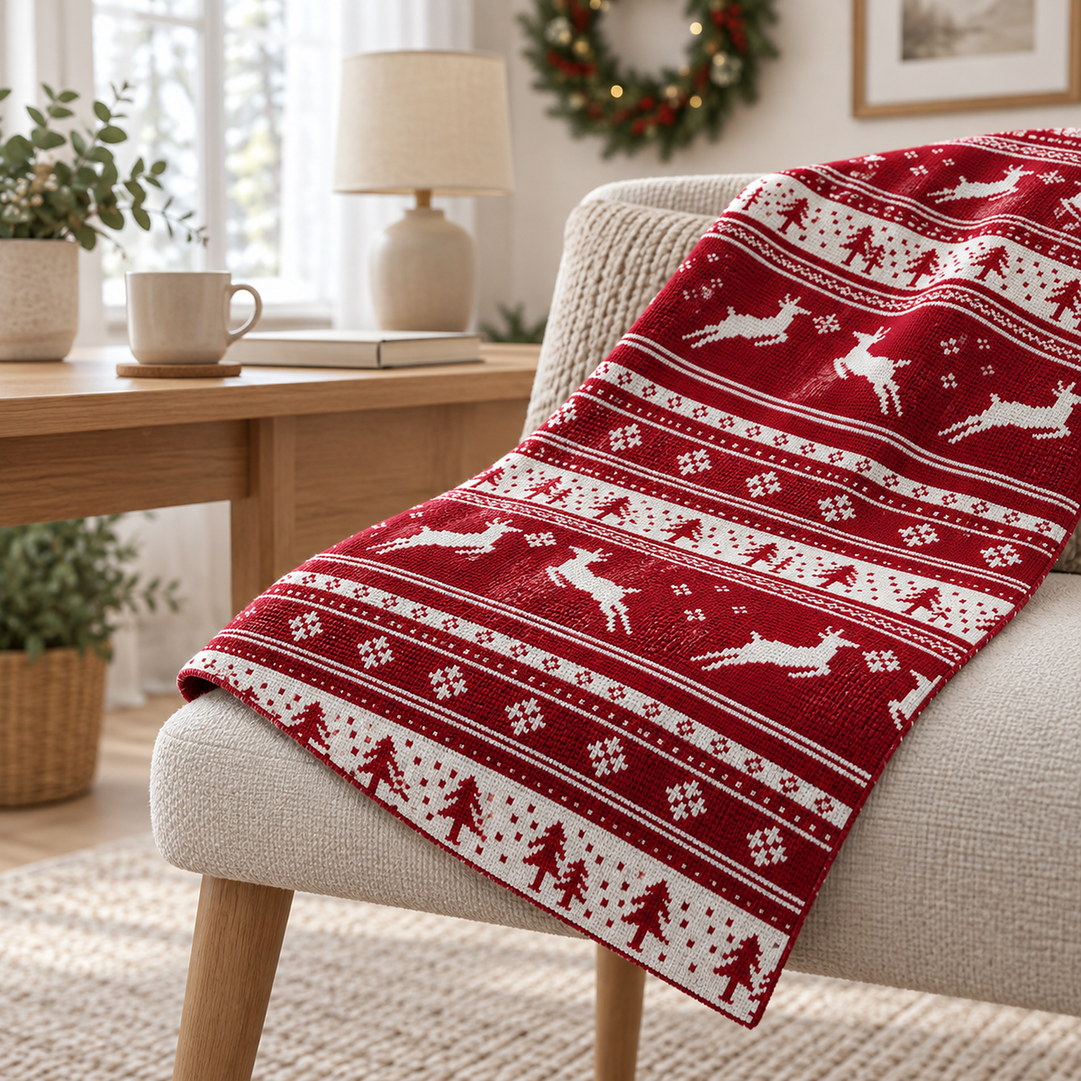 Nisarel crimson ivory christmas throw blanket corner, narrow and without fringe, in a window side study