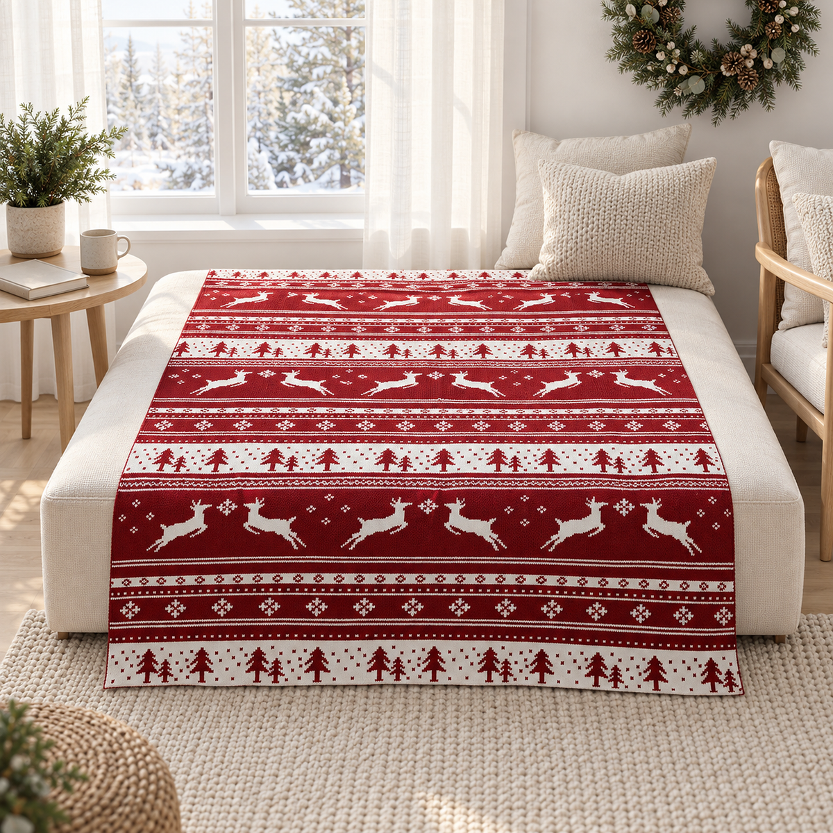 Nisarel crimson ivory christmas throw blanket spread open across an upholstered window seat