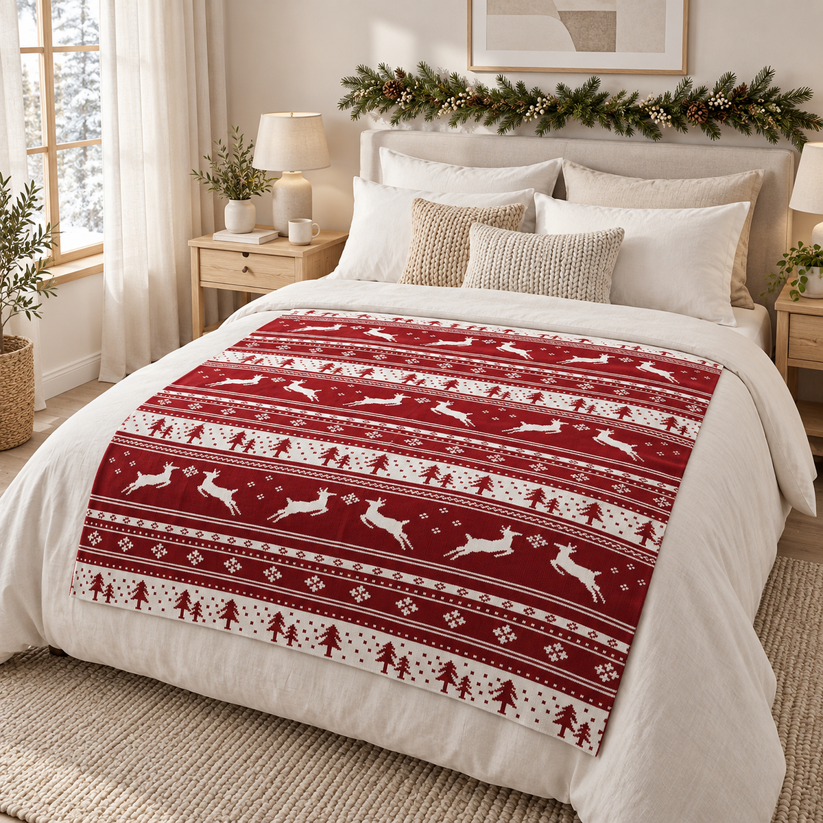 Nisarel crimson ivory knit throw blanket spread over a made bed in a bedroom