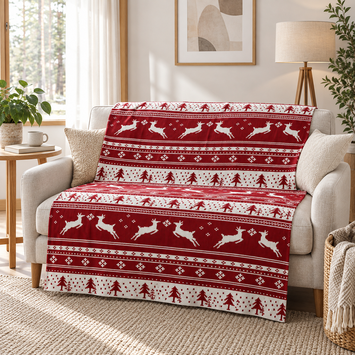 Nisarel red and ivory throw blanket with reindeer and tree patterns over an upholstered loveseat's back and seat
