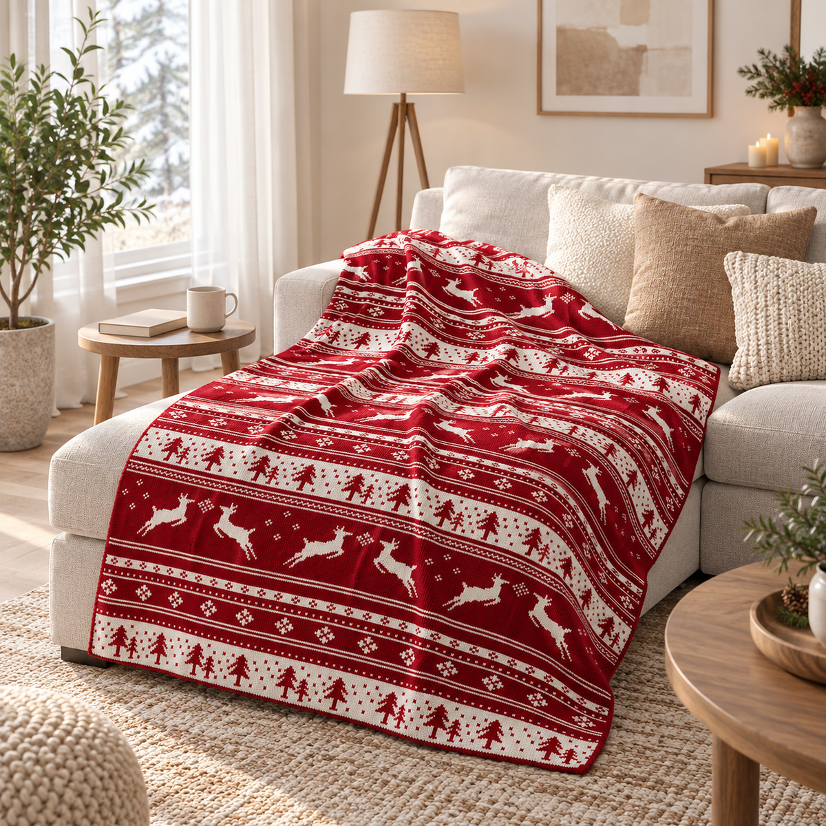 Nisarel crimson ivory throw blanket for couch arranged to cover lap and legs on a family room sofa