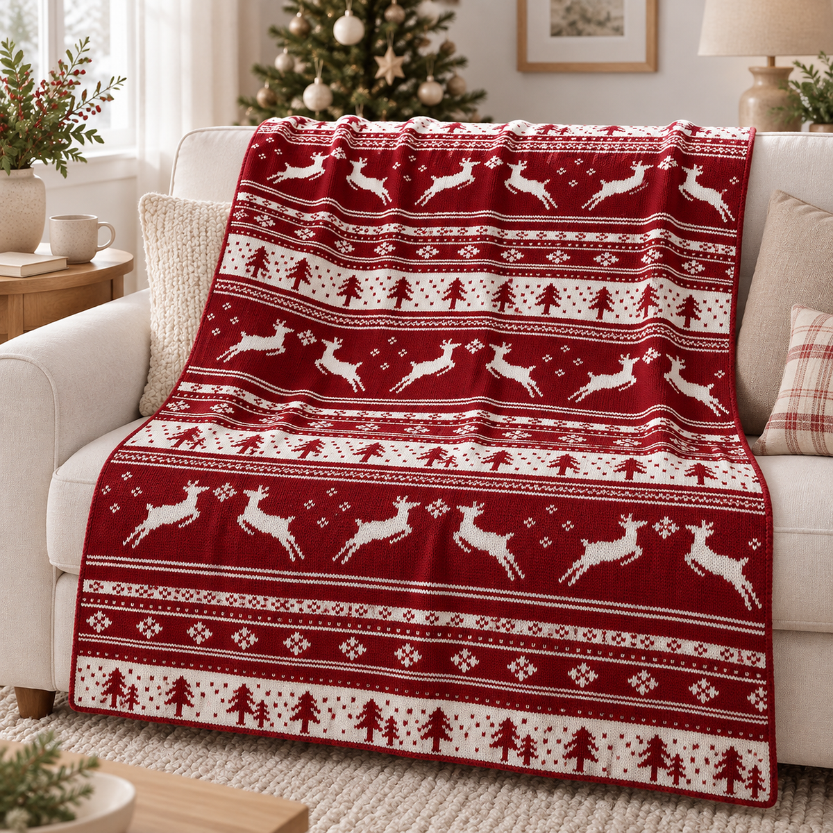 Nisarel crimson ivory throw blanket for couch draped over an ivory loveseat in the living room