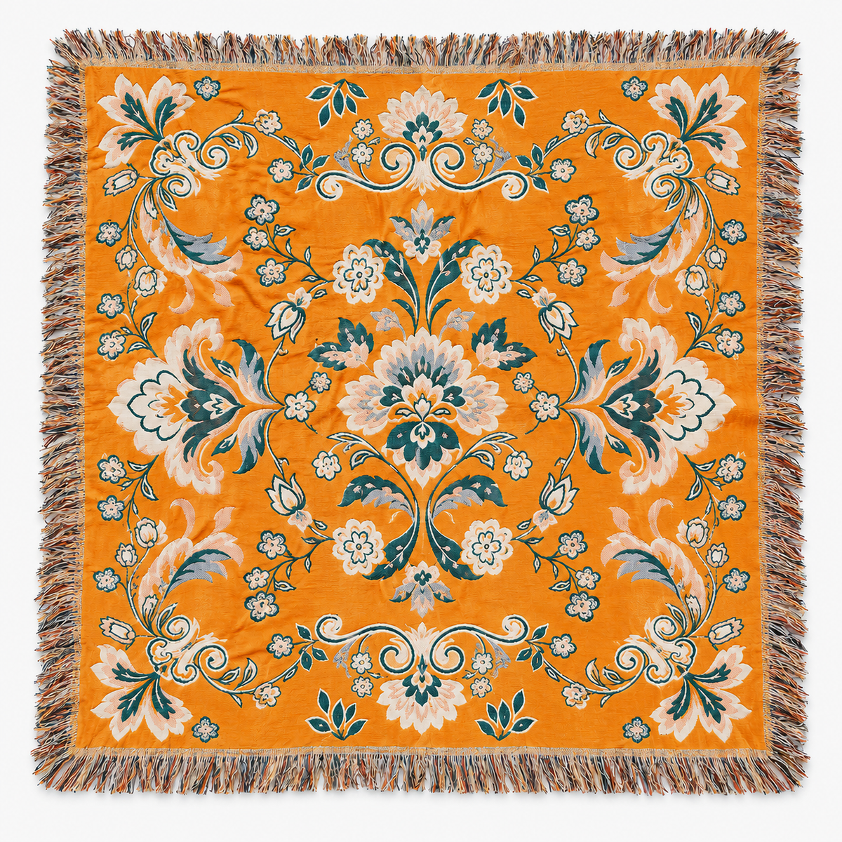 Nivarel orange cotton muslin blanket laid open on white, showing its pattern and fringe #color_orange