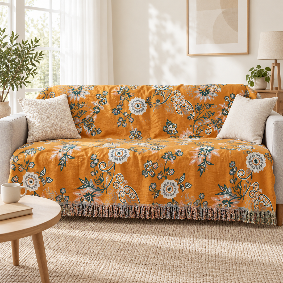 Nivarel orange cotton throw blanket covering a light gray sofa in a bright sitting room #color_orange