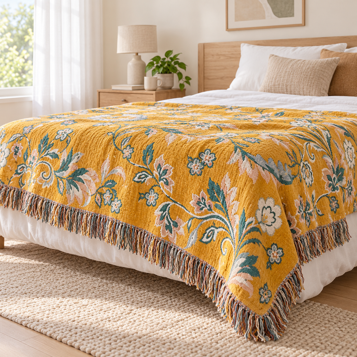 Nivarel yellow throw blanket hanging over the side of a twin bed, showing its fringed edge