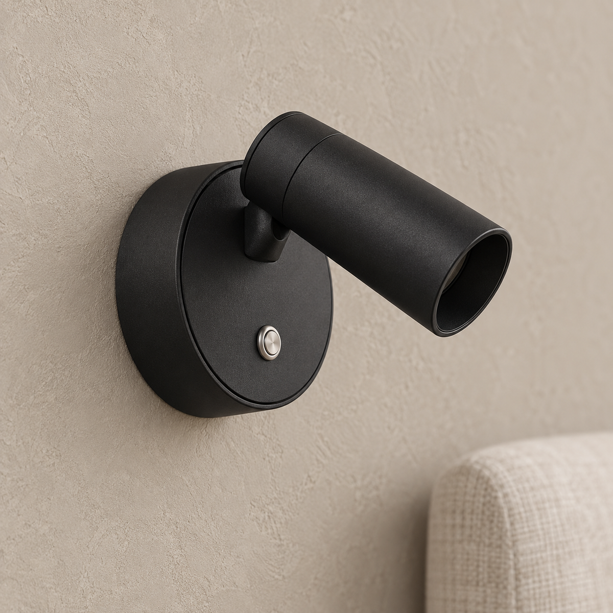 Nocarel black battery operated wall sconce showing the unlit aperture, pivot and matte base