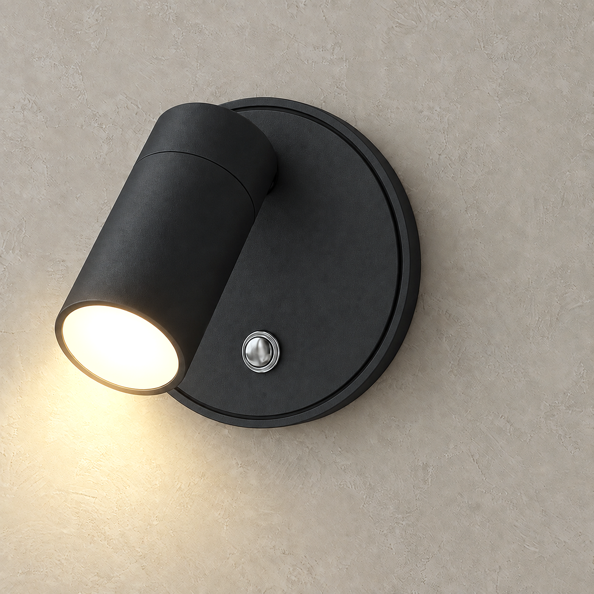Nocarel black LED wall sconce casting warm light across a plain plaster wall