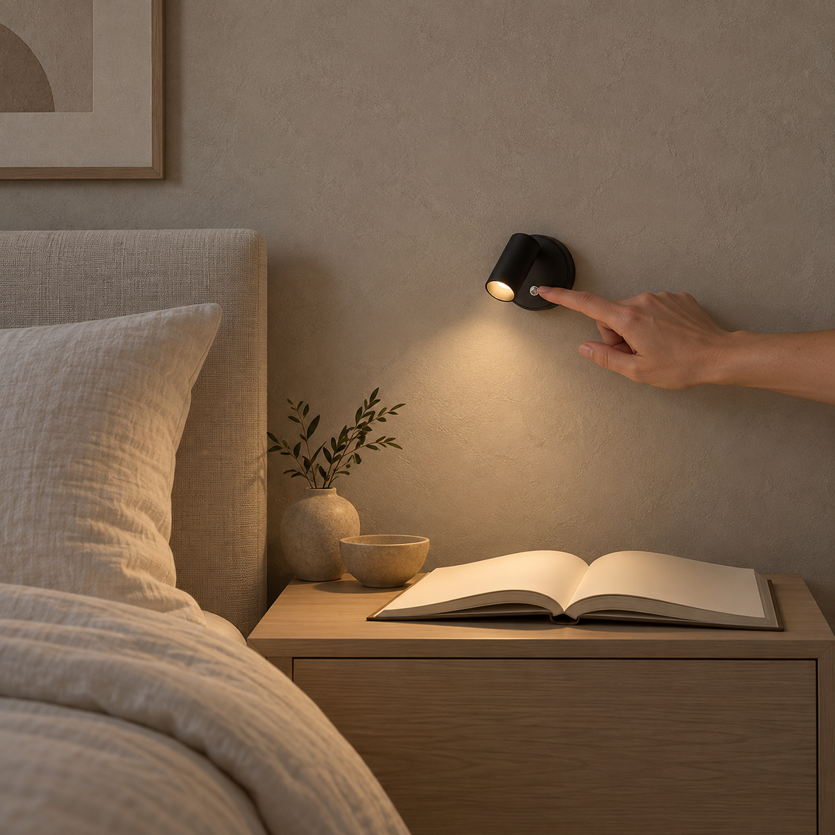 Nocarel black rechargeable wall sconce with a hand touching the touch control above a lit book