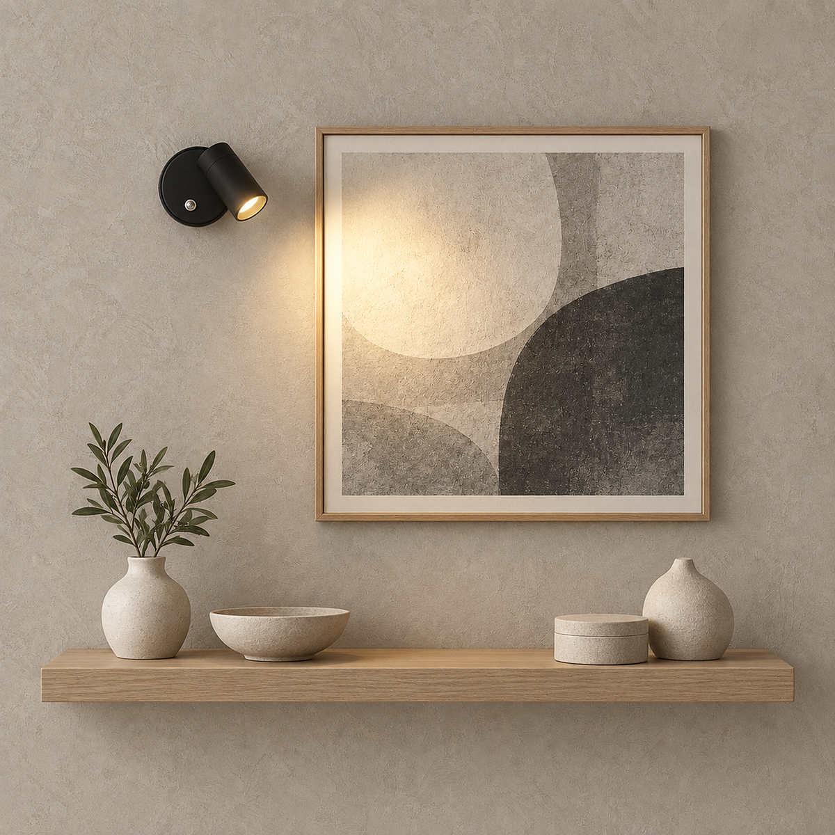 Nocarel black wireless wall light aiming a warm beam onto framed artwork above a pale shelf