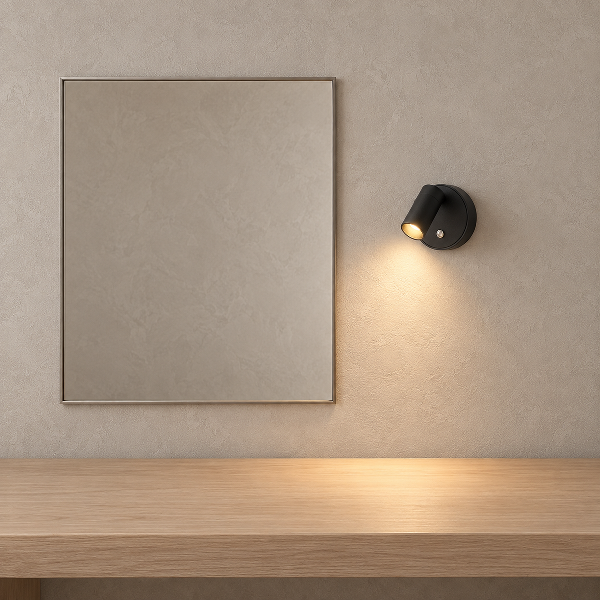 Nocarel black wireless wall light lit beside a dressing mirror above a clear pale tabletop